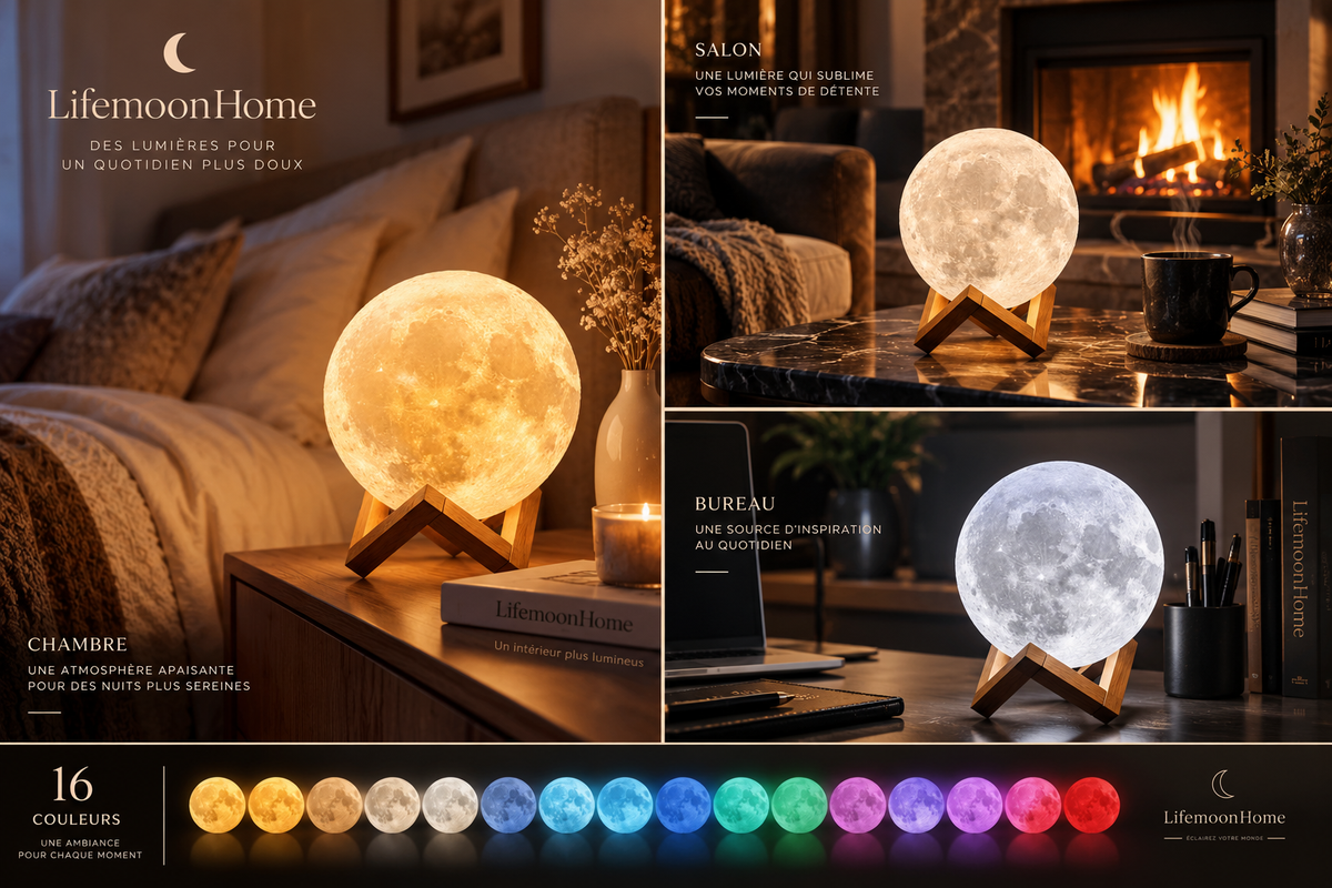 Lampe Lune Tactile Multicolore – LED sur Socle Bois