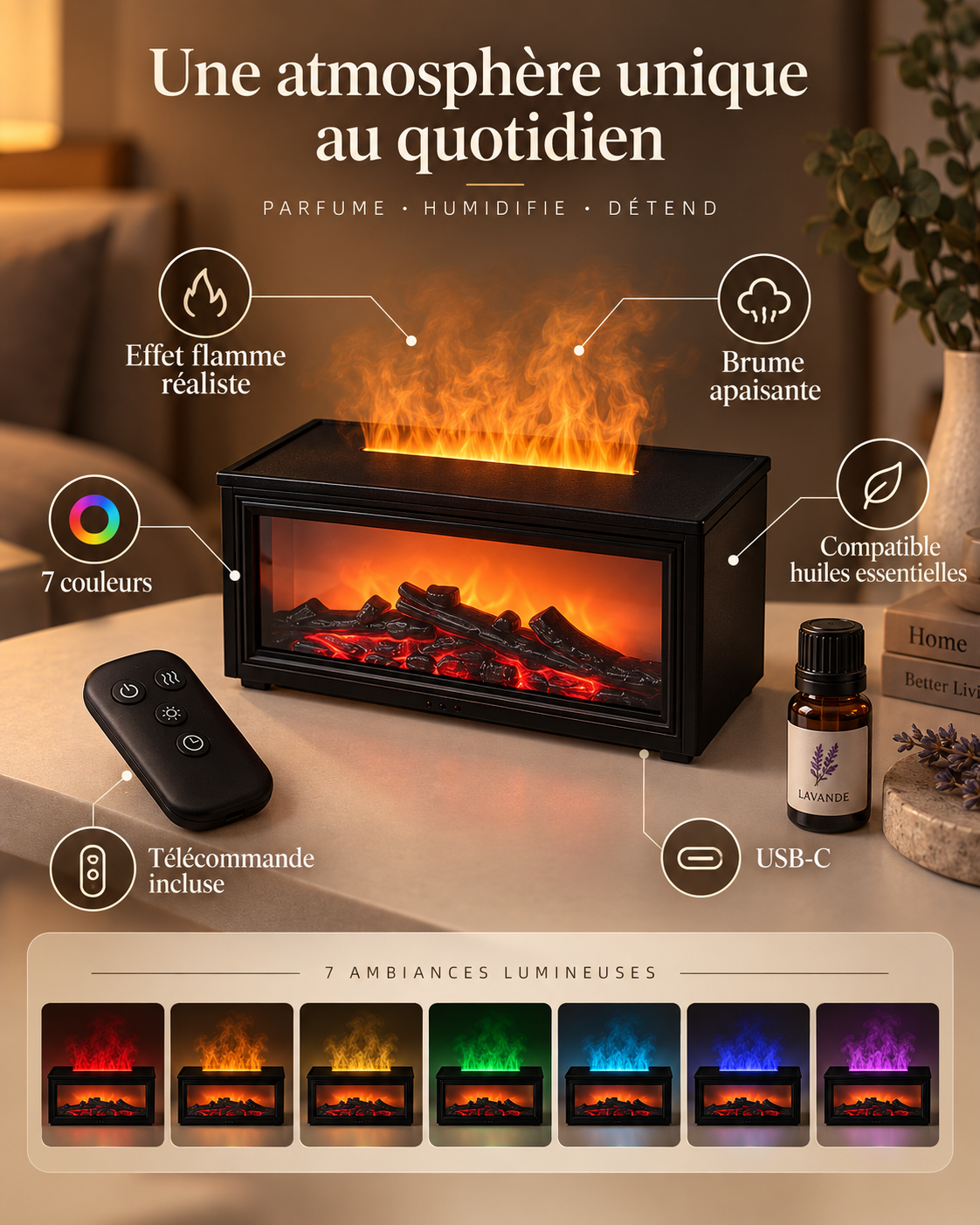 Diffuseur d’Arômes Vanel Flame – Effet Cheminée & 7 Couleurs