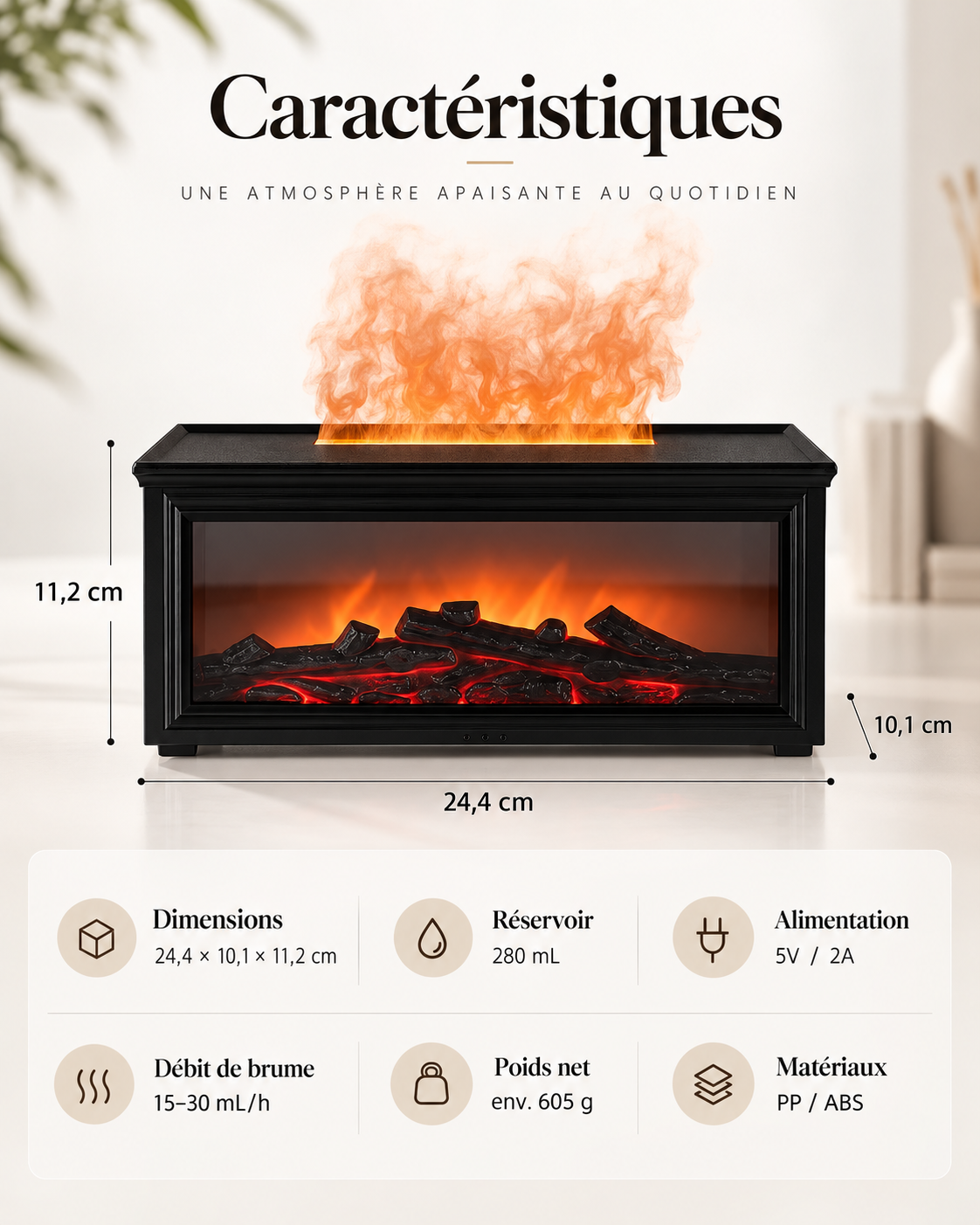 Diffuseur d’Arômes Vanel Flame – Effet Cheminée & 7 Couleurs